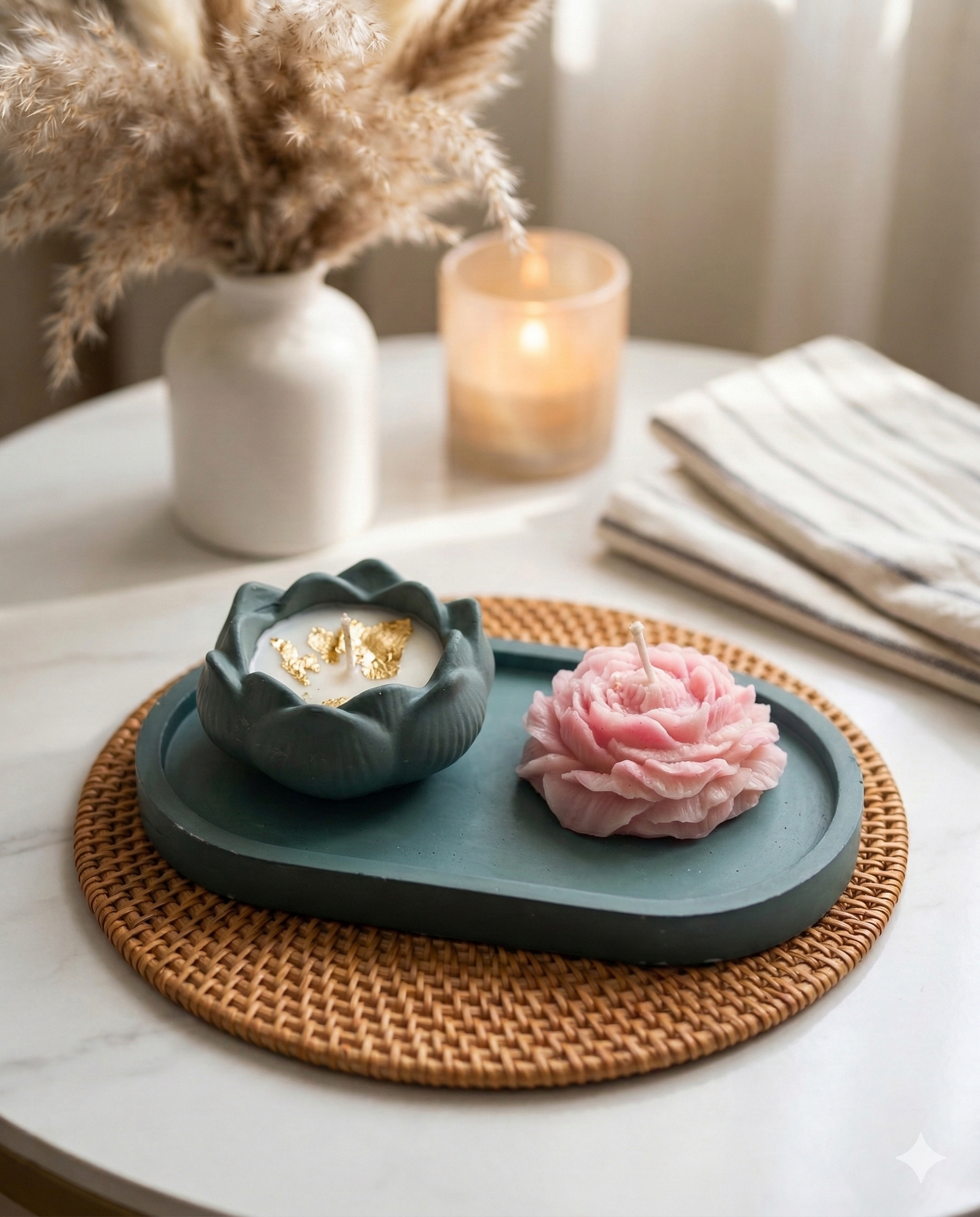 The Serene Bloom Collection: Handcrafted Concrete Tray with Lotus Jar & Rose Candle